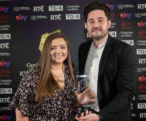 Zoe Gilligan, Storybud, Winner of Children’s Programme with Mick Darcy from IMRO at the RTS Ireland Television Awards 2023 held in The Galmont Hotel, Galway. Photo: Andrew Downes, Xposure.